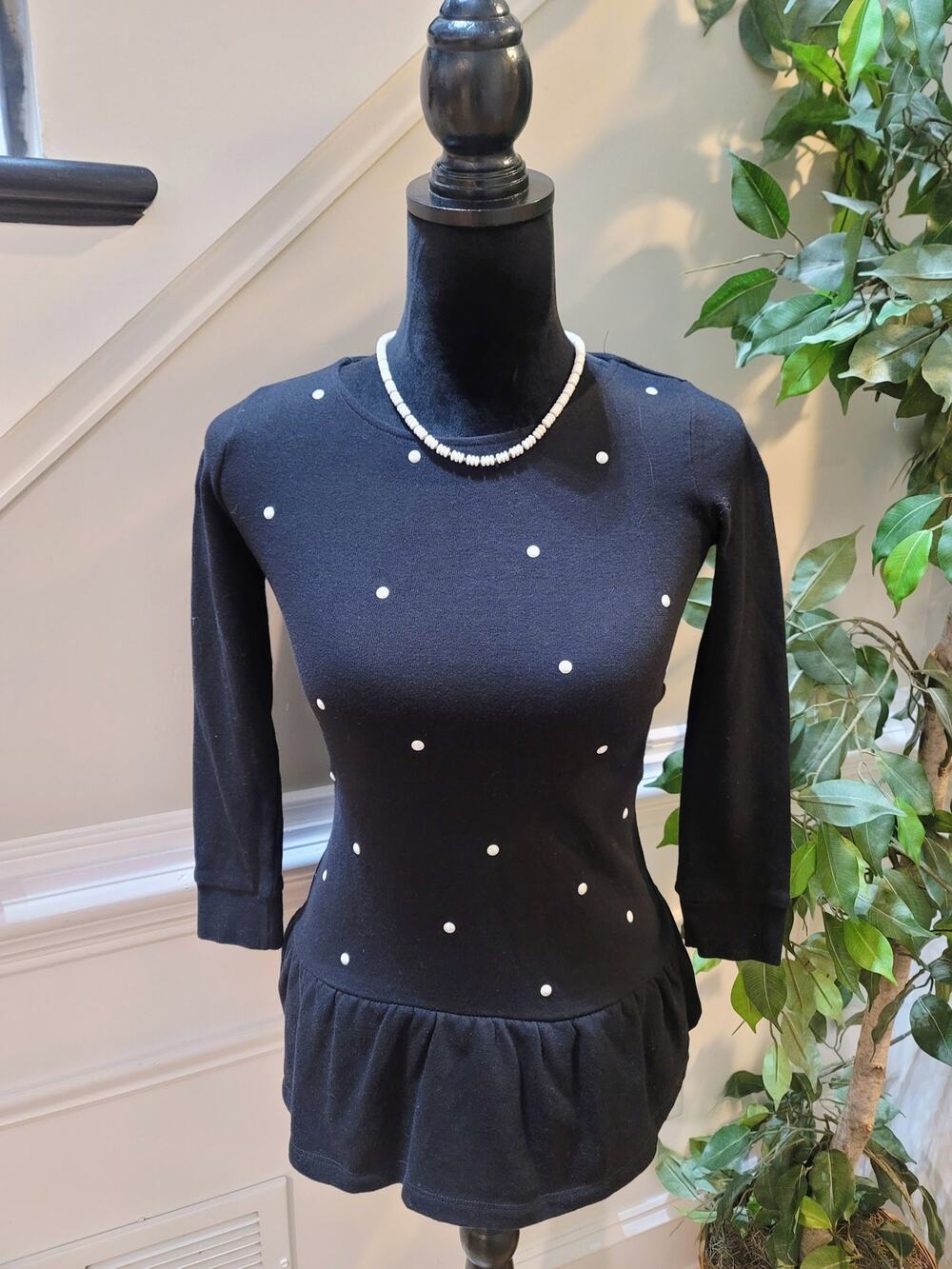 Epic Threads Pullover Sweater Women Small Black Polka Dot Pleated Hem 3/4 Sleeve